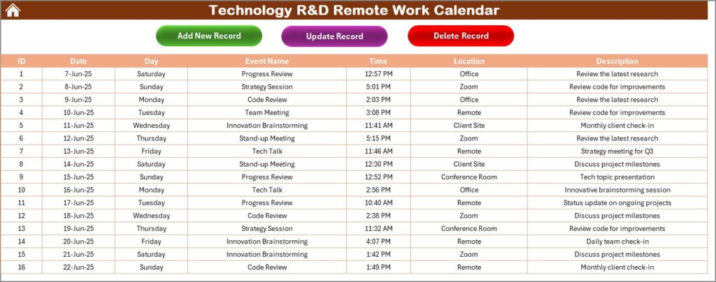 Technology R&D Remote Work Calendar in Excel - Next Gen Templates