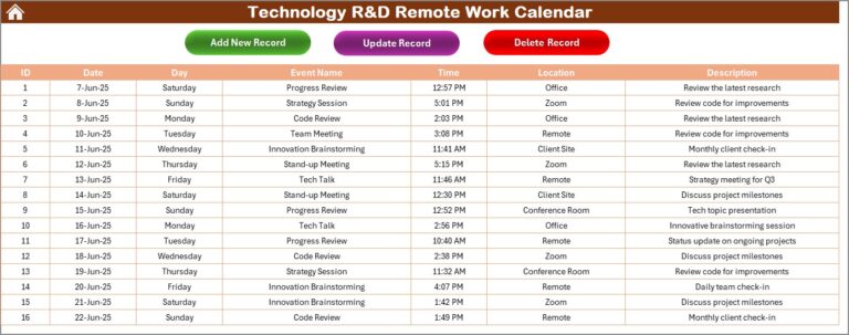 Technology R&D Remote Work Calendar in Excel - Next Gen Templates