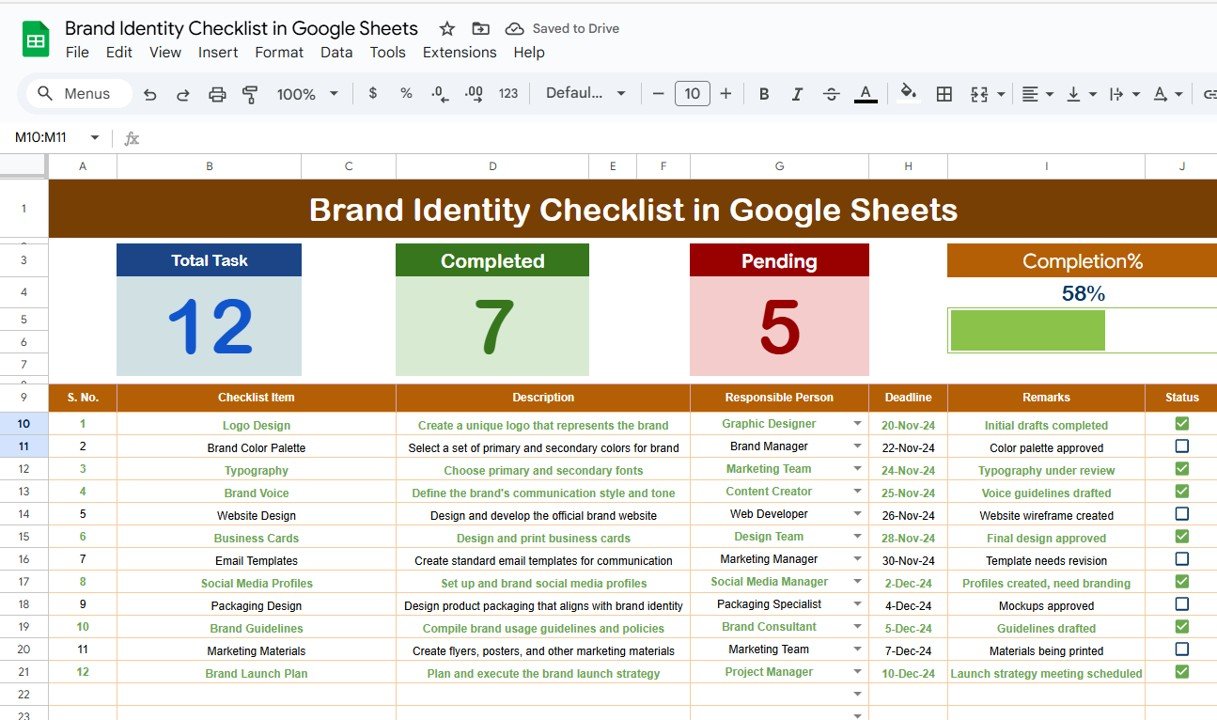 Brand Identity Checklist in Google Sheets