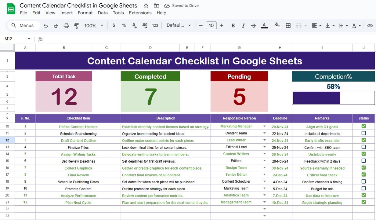 Content Calendar Checklist in Google Sheets
