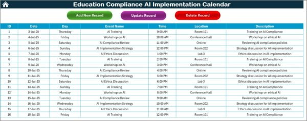 Education Compliance AI Implementation Calendar in Excel - Image 6