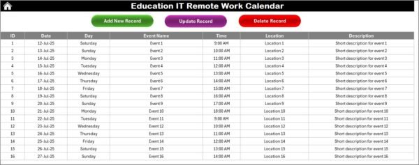 Education IT Remote Work Calendar in Excel - Image 6