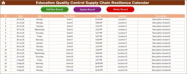 Education Quality Control Supply Chain Resilience Calendar in Excel - Image 6