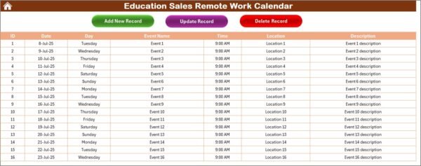 Education Sales Remote Work Calendar in Excel - Image 6