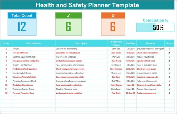 Health and Safety Planner Checklist in Excel - Image 2