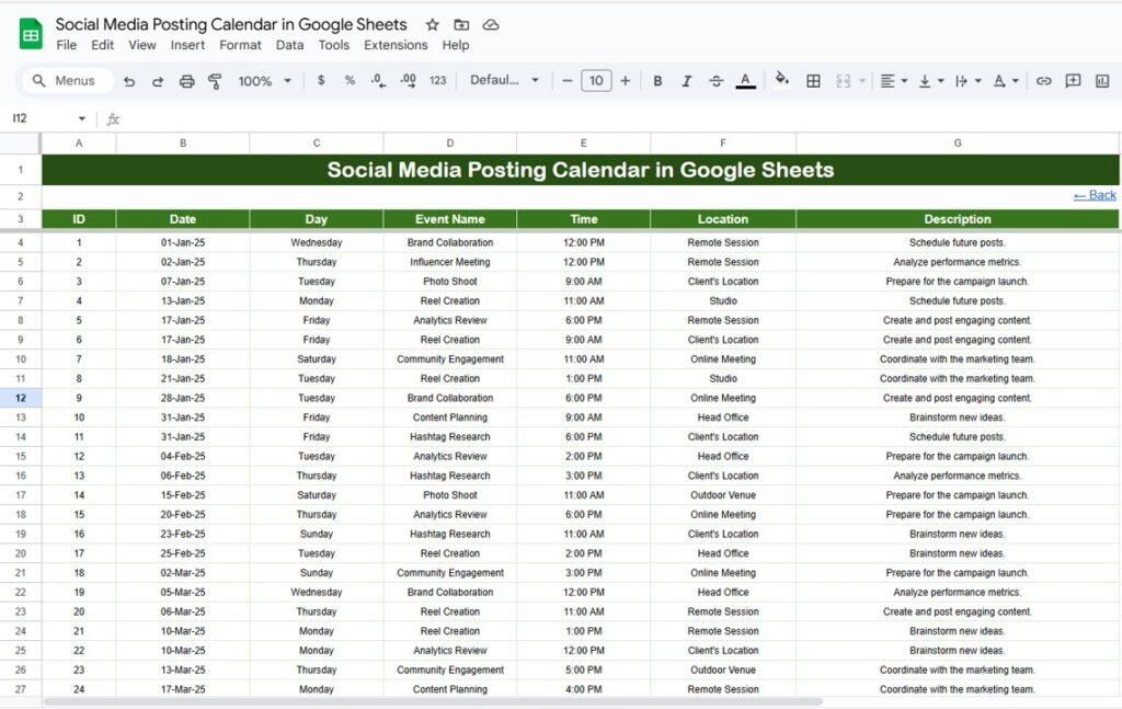 Social Media Posting Calendar in Google Sheets - Next Gen Templates
