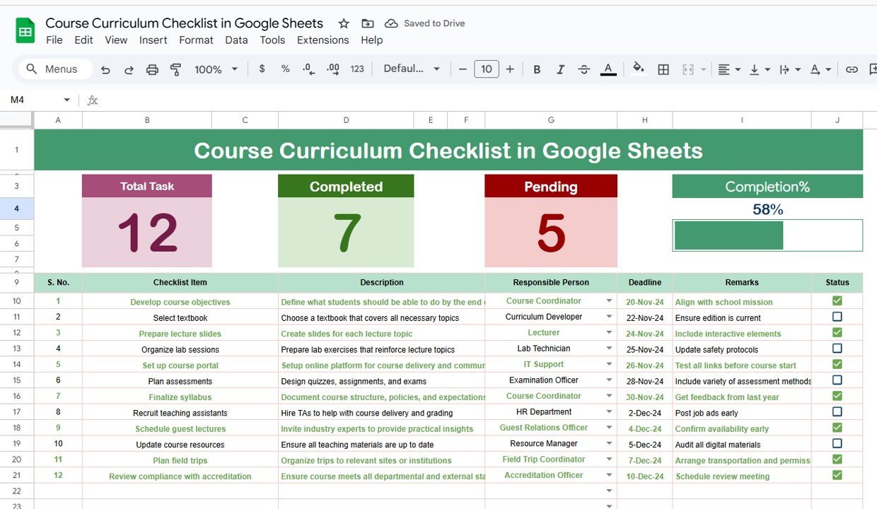 Course Curriculum Checklist in Google Sheets