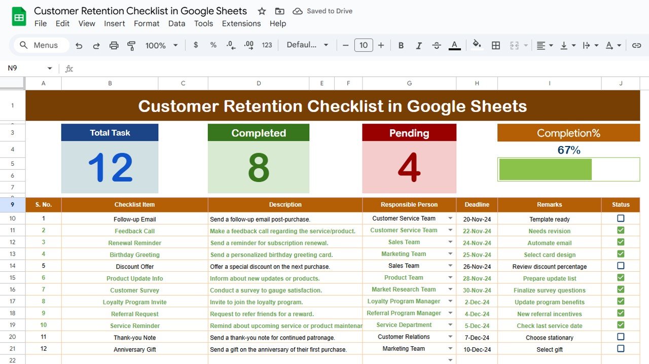 Customer Retention Checklist in Google Sheets
