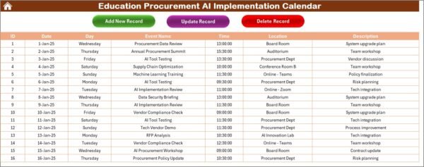 Education Procurement AI Implementation Calendar in Excel - Image 6