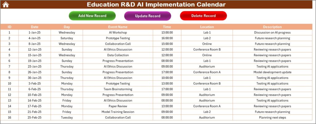Education R&D AI Implementation Calendar in Excel - Next Gen Templates