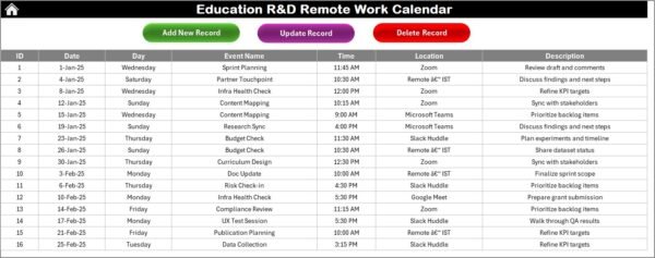 Education R&D Remote Work Calendar in Excel - Image 6