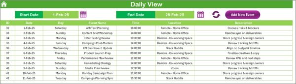 Finance Marketing Remote Work Calendar in Excel - Image 5