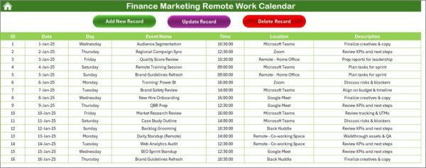 Finance Marketing Remote Work Calendar in Excel - Image 6