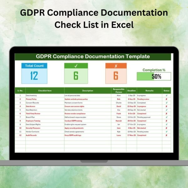 GDPR Compliance Documentation Check List in Excel