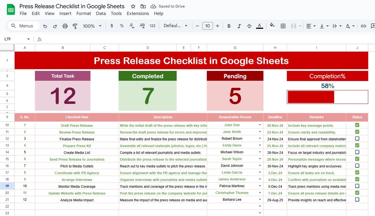 Press Release Checklist in Google Sheets