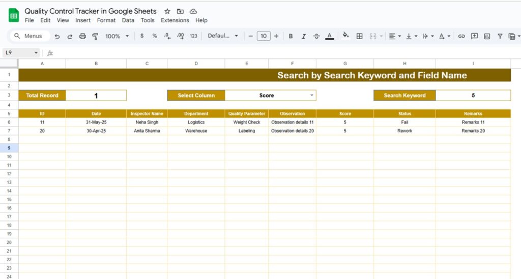 Quality Control Tracker in Google Sheets - Next Gen Templates