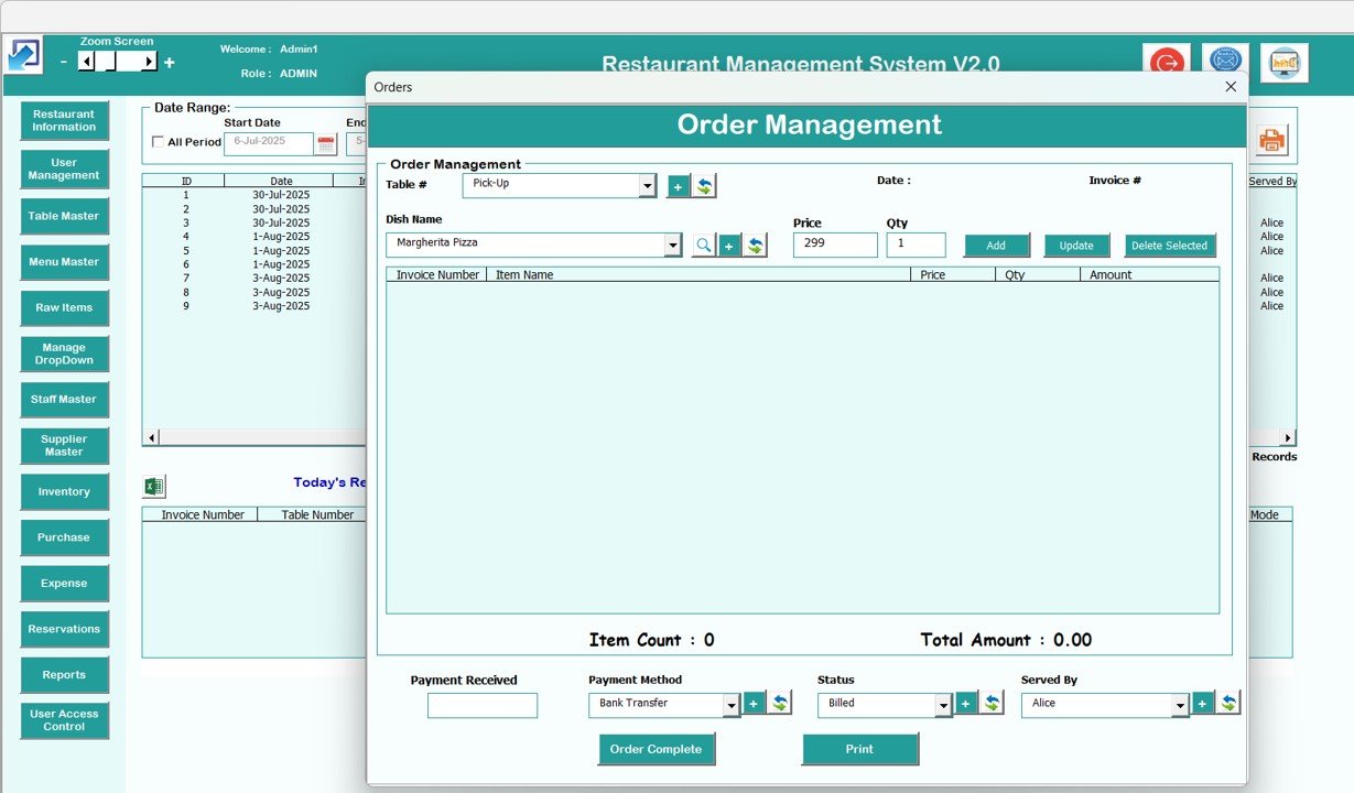 Restaurant Management System V2.0 in Excel VBA