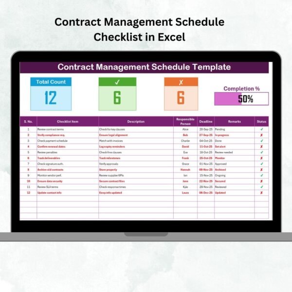Contract Management Schedule Checklist in Excel
