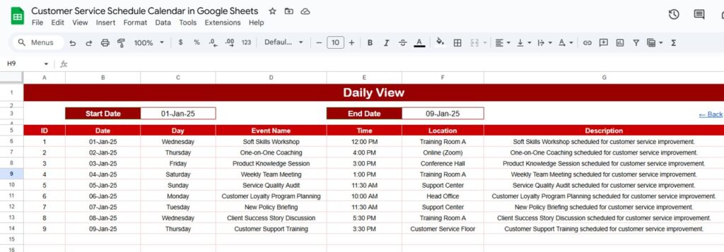 Customer Service Schedule Calendar in Google Sheets - Next Gen Templates