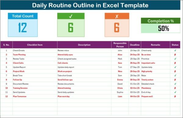 Daily Routine Outline Checklist in Excel - Image 2