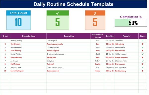Daily Routine Schedule Checklist Template in Excel - Image 2