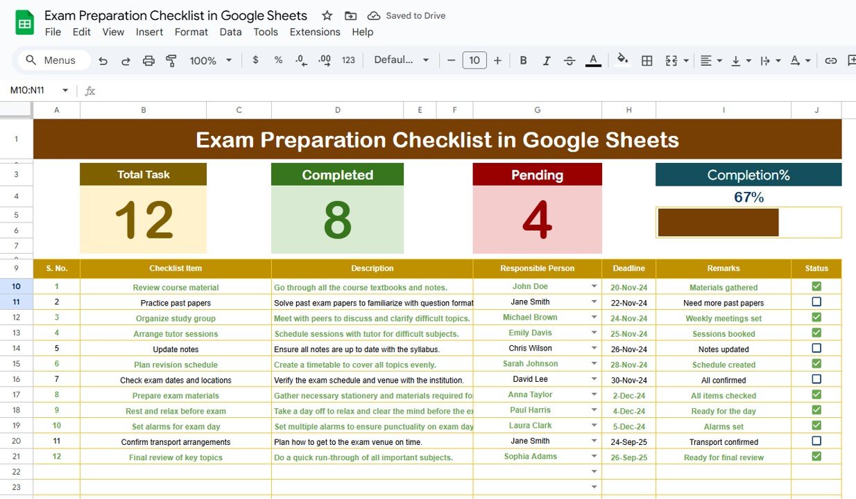 Exam Preparation Checklist in Google Sheets