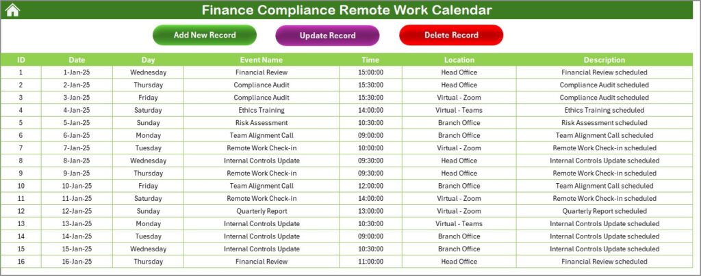 Finance Compliance Remote Work Calendar in Excel - Next Gen Templates