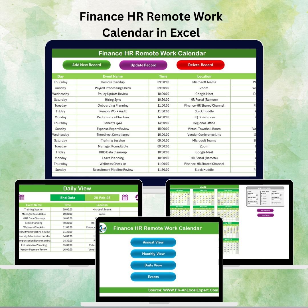 Finance HR Remote Work Calendar in Excel