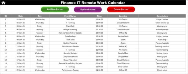 Finance IT Remote Work Calendar in Excel - Image 2