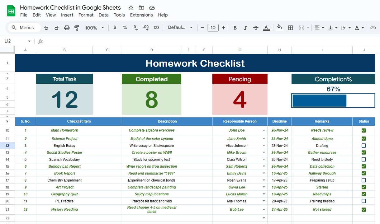 Homework Checklist in Google Sheets
