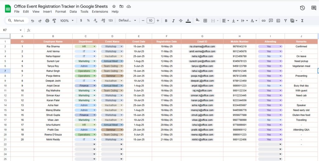 Office Event Registration Tracker in Google Sheets - Next Gen Templates