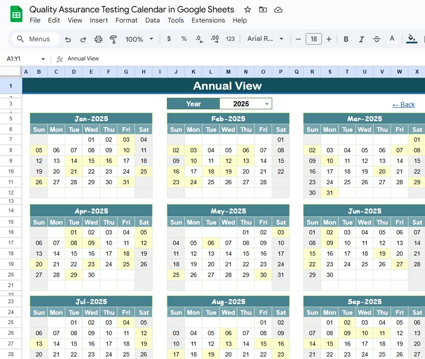 Quality Assurance Testing Calendar in Google Sheets