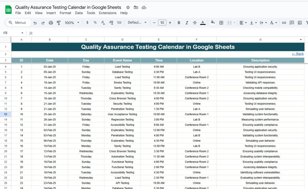 Quality Assurance Testing Calendar in Google Sheets - Next Gen Templates