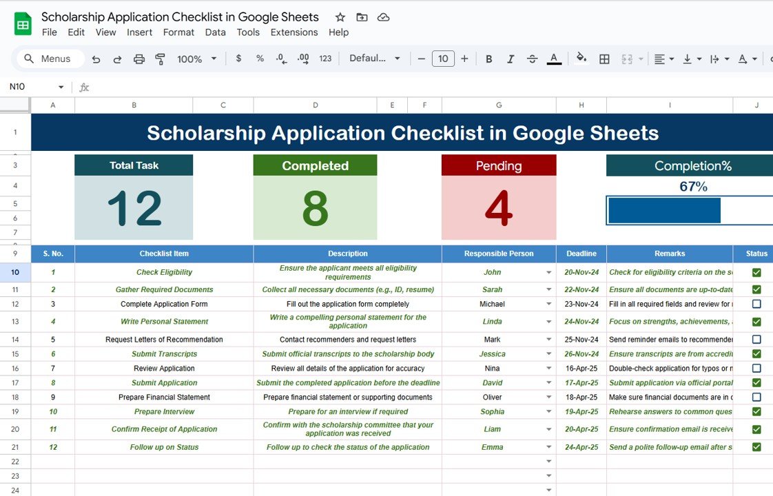 Scholarship Application Checklist in Google Sheets