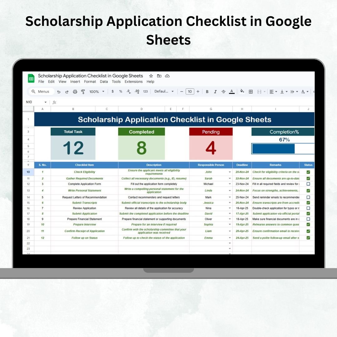 Scholarship Application Checklist in Google Sheets