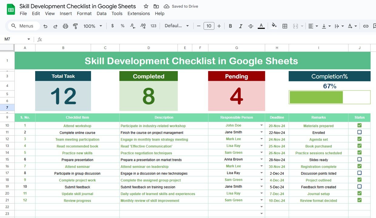 Skill Development Checklist in Google Sheets