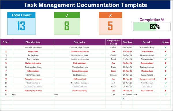 Task Management Documentation Checklist in Excel - Next Gen Templates