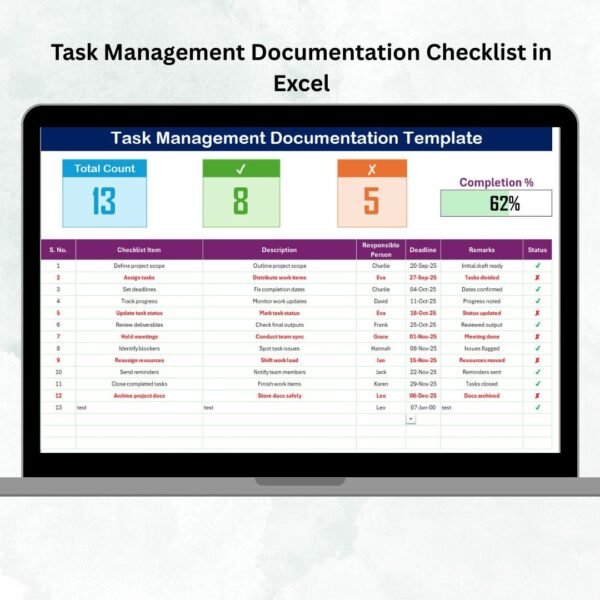 Task Management Documentation Checklist in Excel