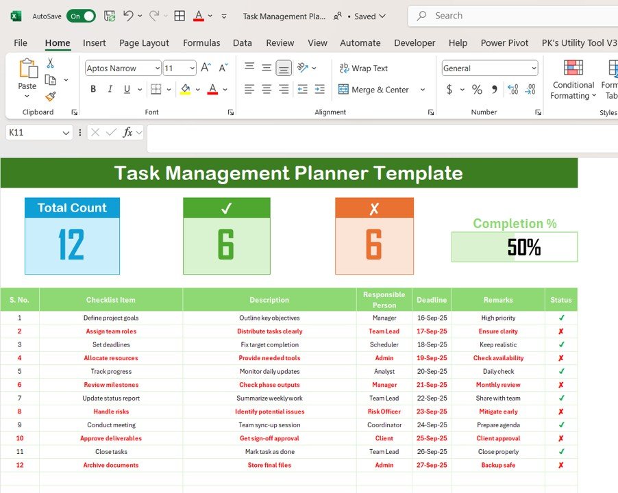 Task Management Planner Checklist Template in Excel