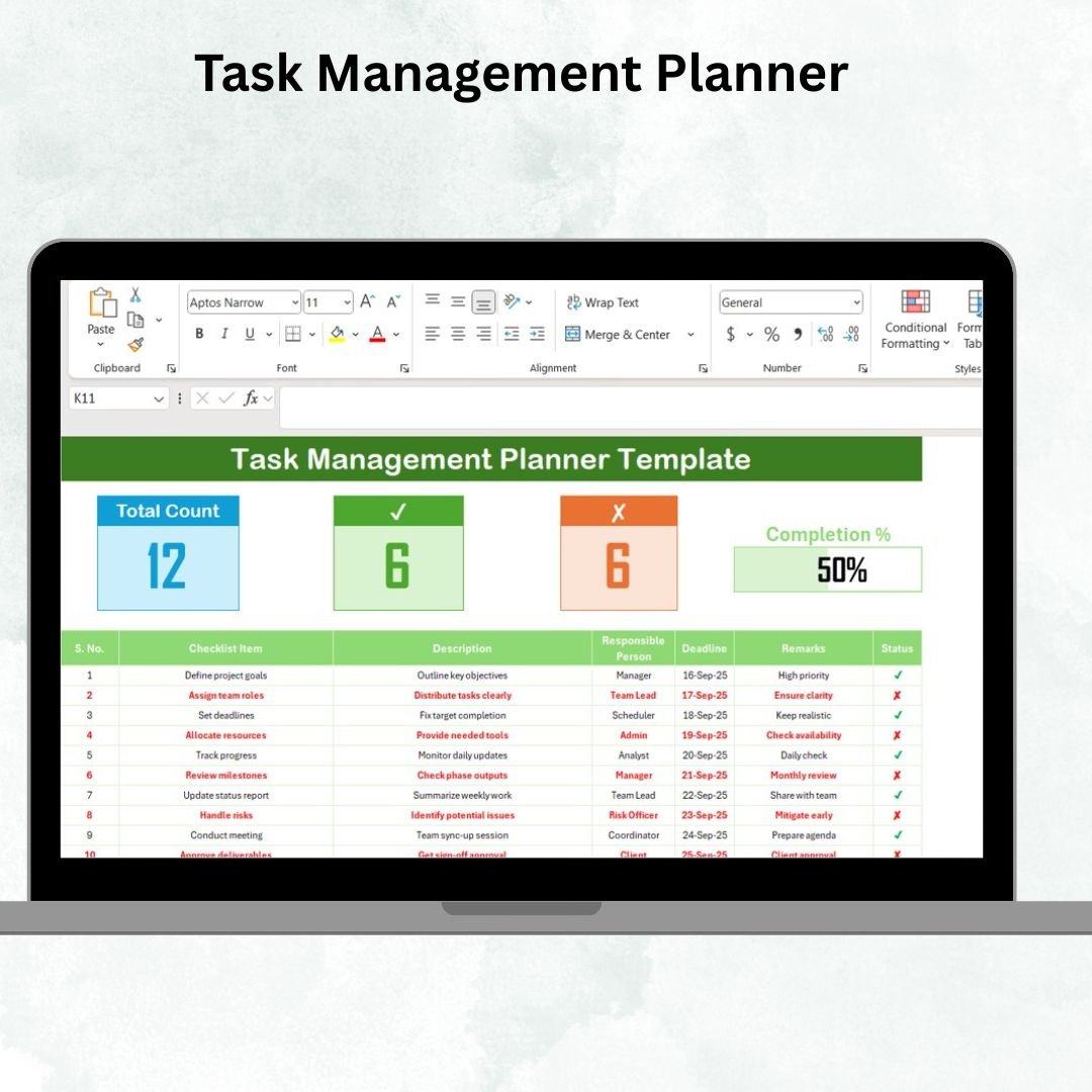 Task Management Planner Checklist Template in Excel