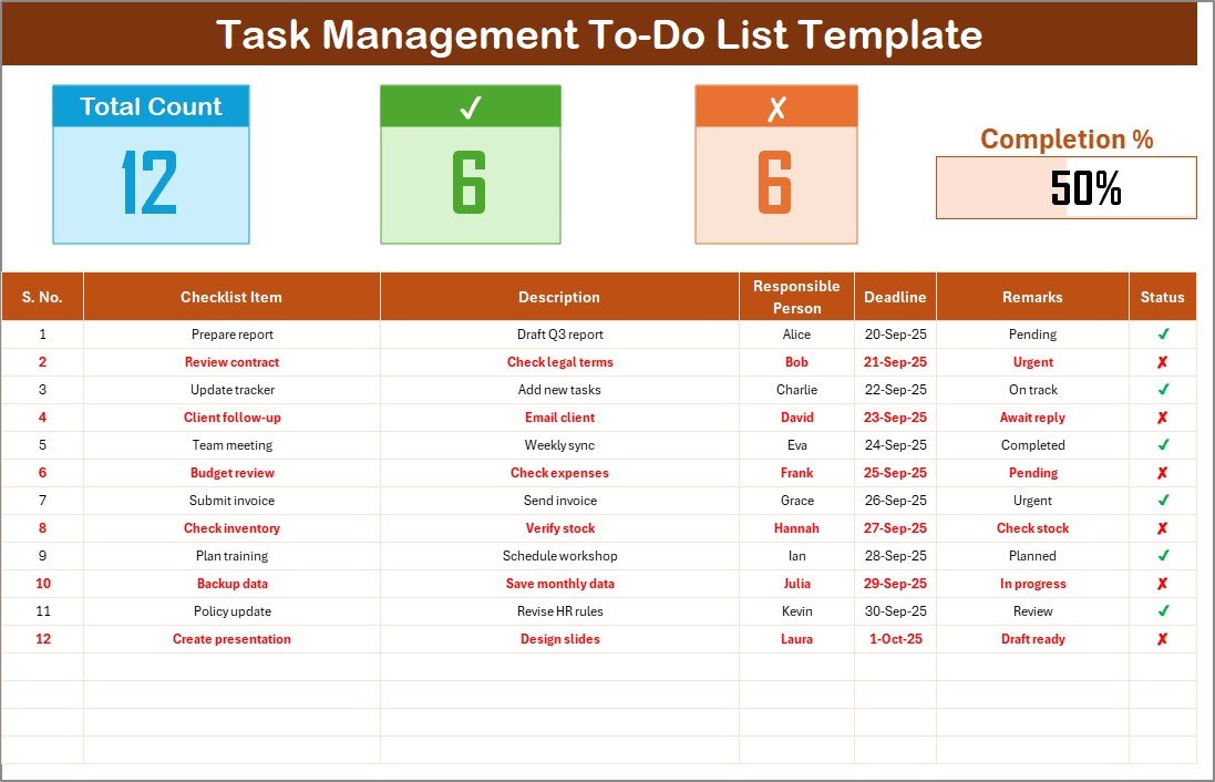 Task Management To-Do List Checklist in Excel