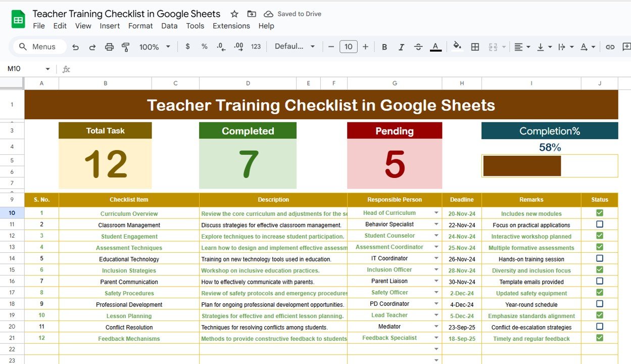 Teacher Training Checklist in Google Sheets