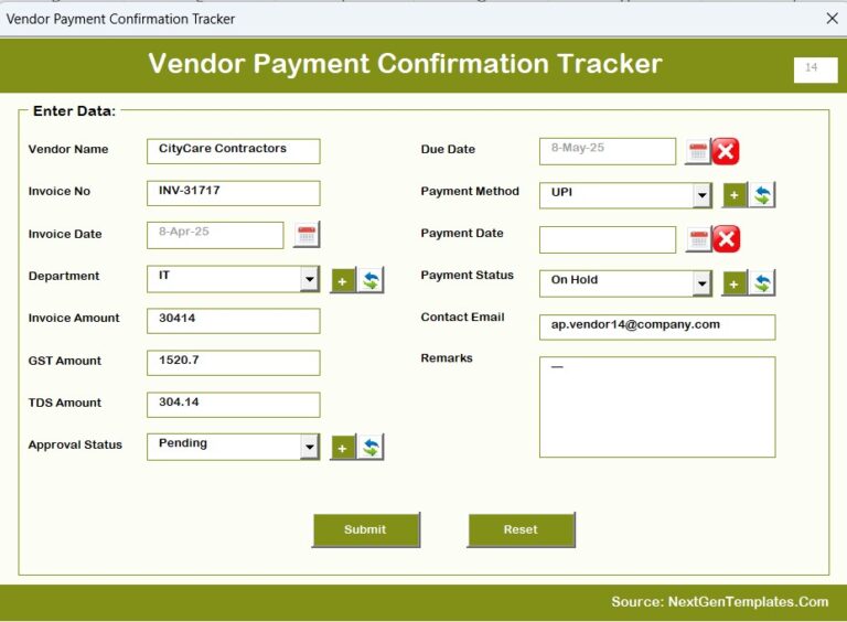 Vendor Payment Confirmation Tracker in Excel - Next Gen Templates