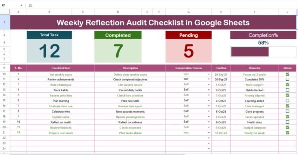 Weekly Reflection Audit Checklist in Google Sheets - Image 3