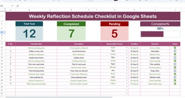 Weekly Reflection Schedule Checklist in Google Sheets - Image 3