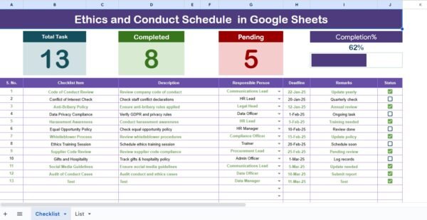 Ethics and Conduct Schedule Checklist in Google Sheets - Image 3