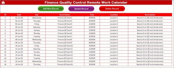 Finance Quality Control Remote Work Calendar in Excel - Image 2