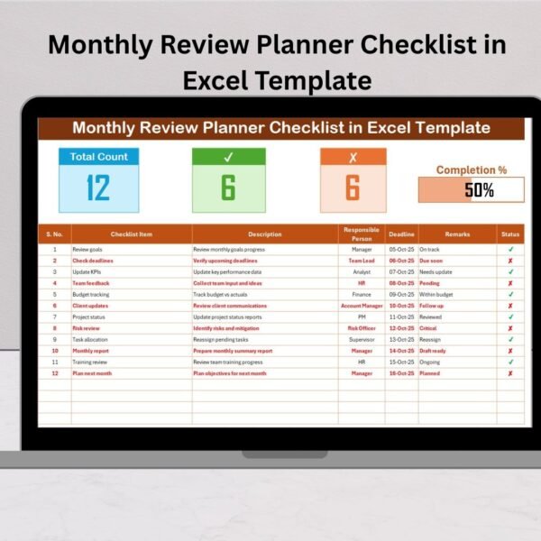 Monthly Review Planner Checklist in Excel