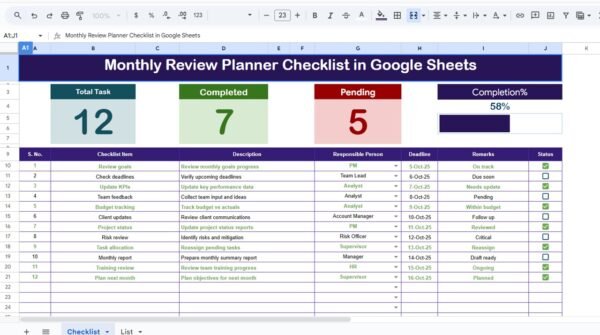 Monthly Review Planner Checklist in Google Sheets - Image 3
