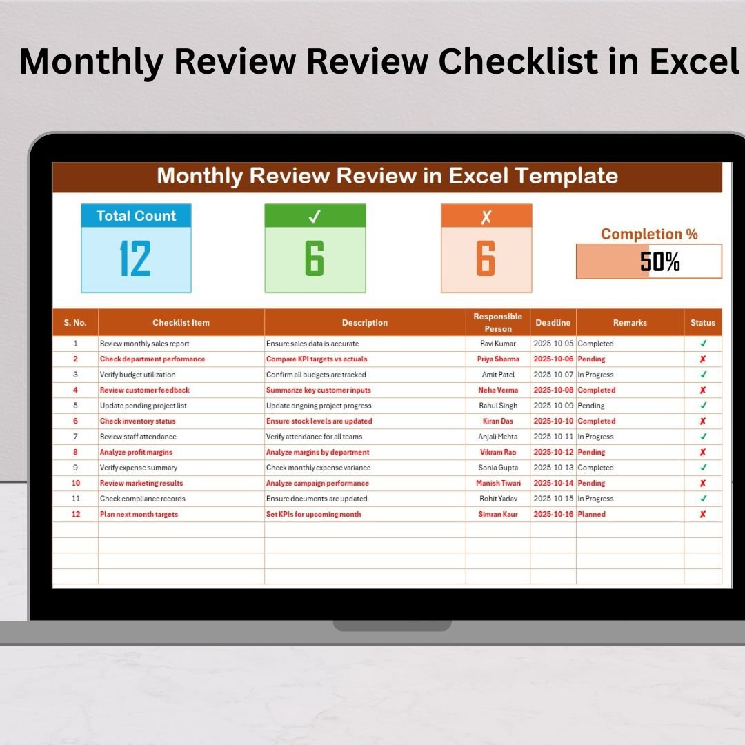 Monthly Review Review Checklist in Excel